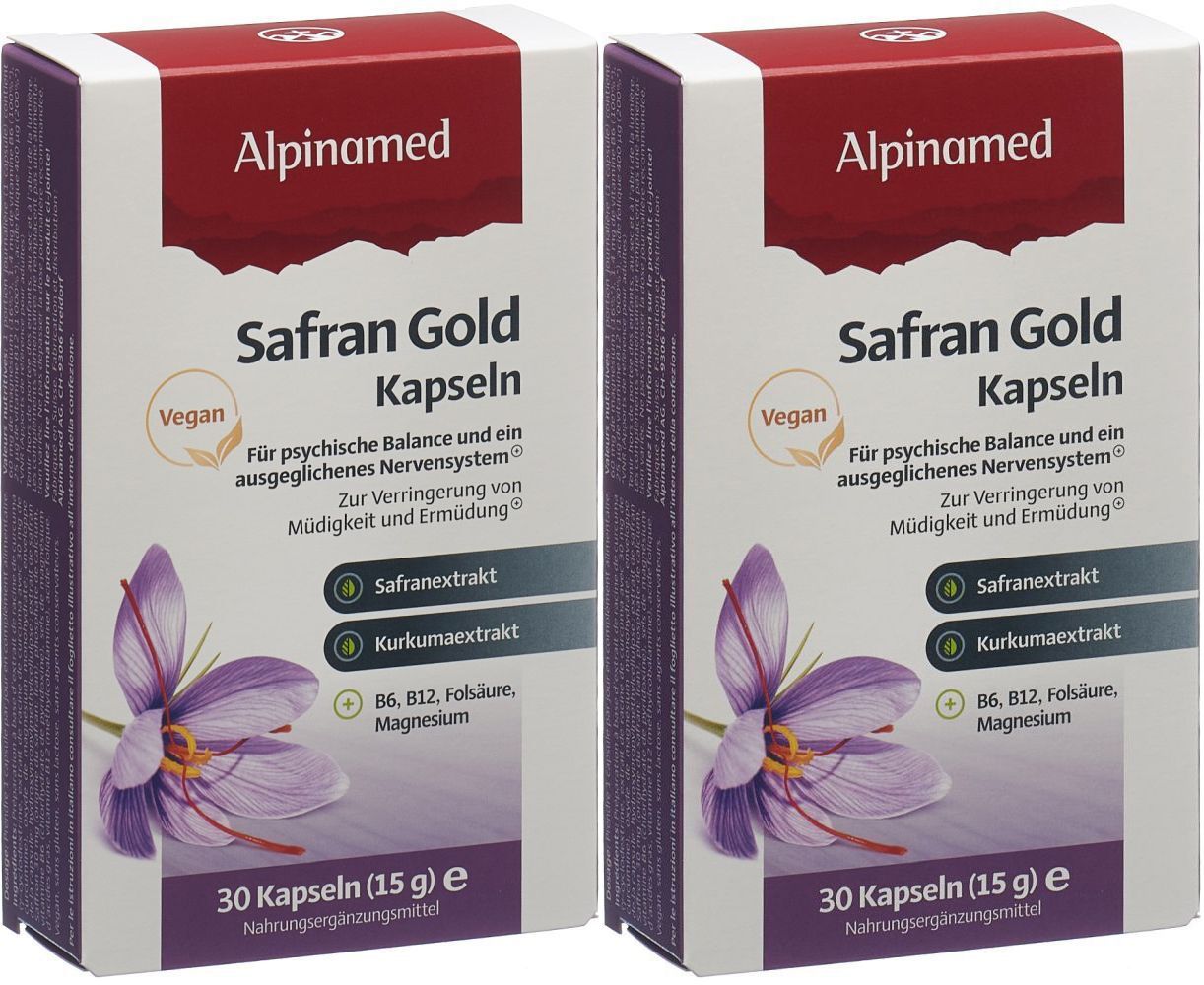 Zwei Packungen ALPINAMED Safran Gold Kapseln. Aufdrucke: Safran Gold Kapseln, Vegan, 30 Kapseln, 15g, Safranextrakt, Kurkumaextrakt.