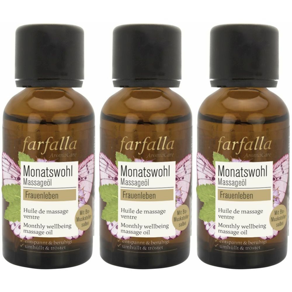 Drei braune Glasflaschen mit schwarzen Deckeln. Aufschrift: farfalla AromaCare Monatswohl Massageöl Frauenleben.