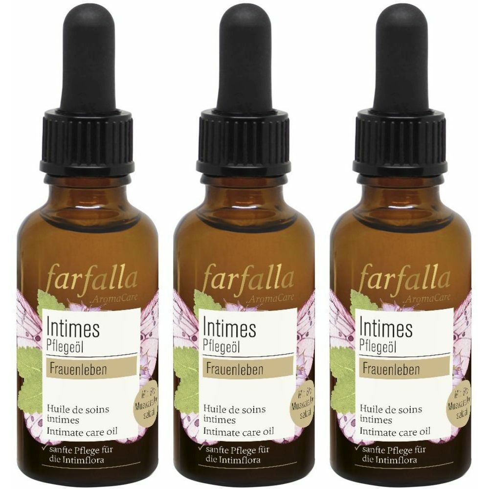 Drei braune Glasflaschen mit schwarzem Tropfer. Auf den Etiketten steht "farfalla Intimes Pflegeöl Frauenleben".
