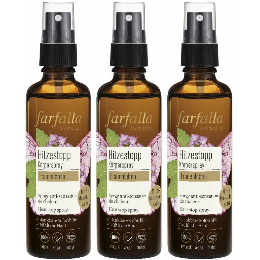Drei braune Sprühflaschen. Auf jeder Flasche steht "farfalla" und "Hitzestopp Körperspray Frauenleben".