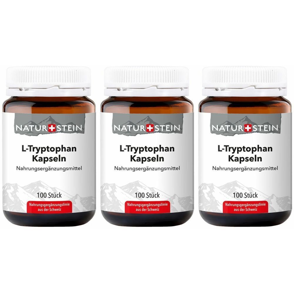 Drei braune Flaschen mit weißen Deckeln. Auf den Etiketten steht "NATUR+STEIN L-Tryptophan Kapseln". Jede Flasche enthält 100 Stück.