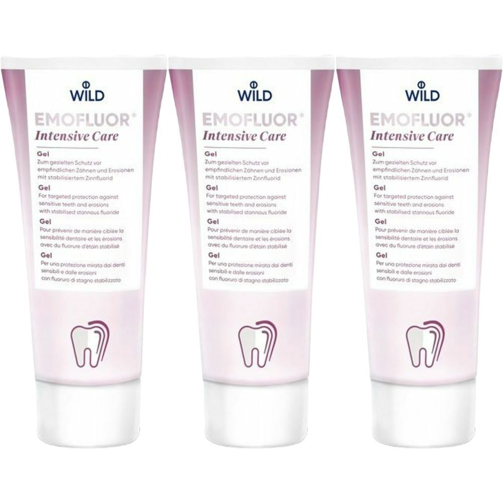 Drei Tuben EMOFLUOR® Intensive Care Gel. Rosa-weiße Verpackung mit Produktnamen und Logo. Zahn-Symbol unten.
