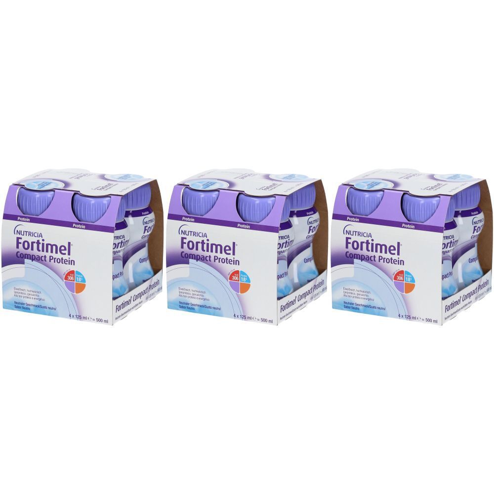 Drei Packungen mit je vier Flaschen. Auf jeder Packung steht "Nutricia Fortimel Compact Protein". Flaschen mit lila Deckel.