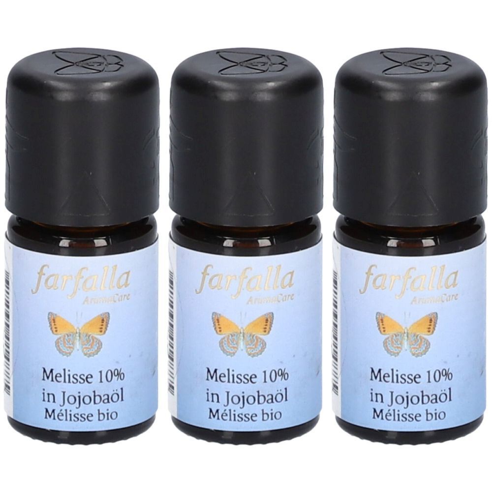 Drei kleine braune Glasflaschen mit schwarzen Deckeln. Auf den Etiketten steht "farfalla" und "Melisse 10% in Jojobaöl".