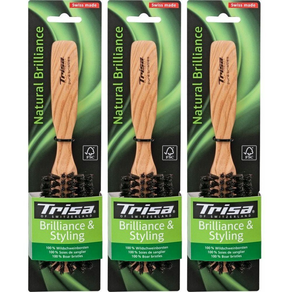 Trois brosses à cheveux emballées. Manche en bois, soies. Marque : Trisa. Texte : Natural Brilliance, Brilliance & Styling, label FSC.