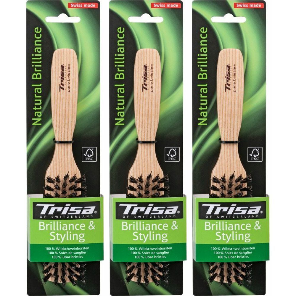 Drei Haarbürsten in Verpackung. Holzgriff, Naturborsten. Marke: Trisa. Aufschrift: Natural Brilliance & Styling. FSC-Zertifizierung.