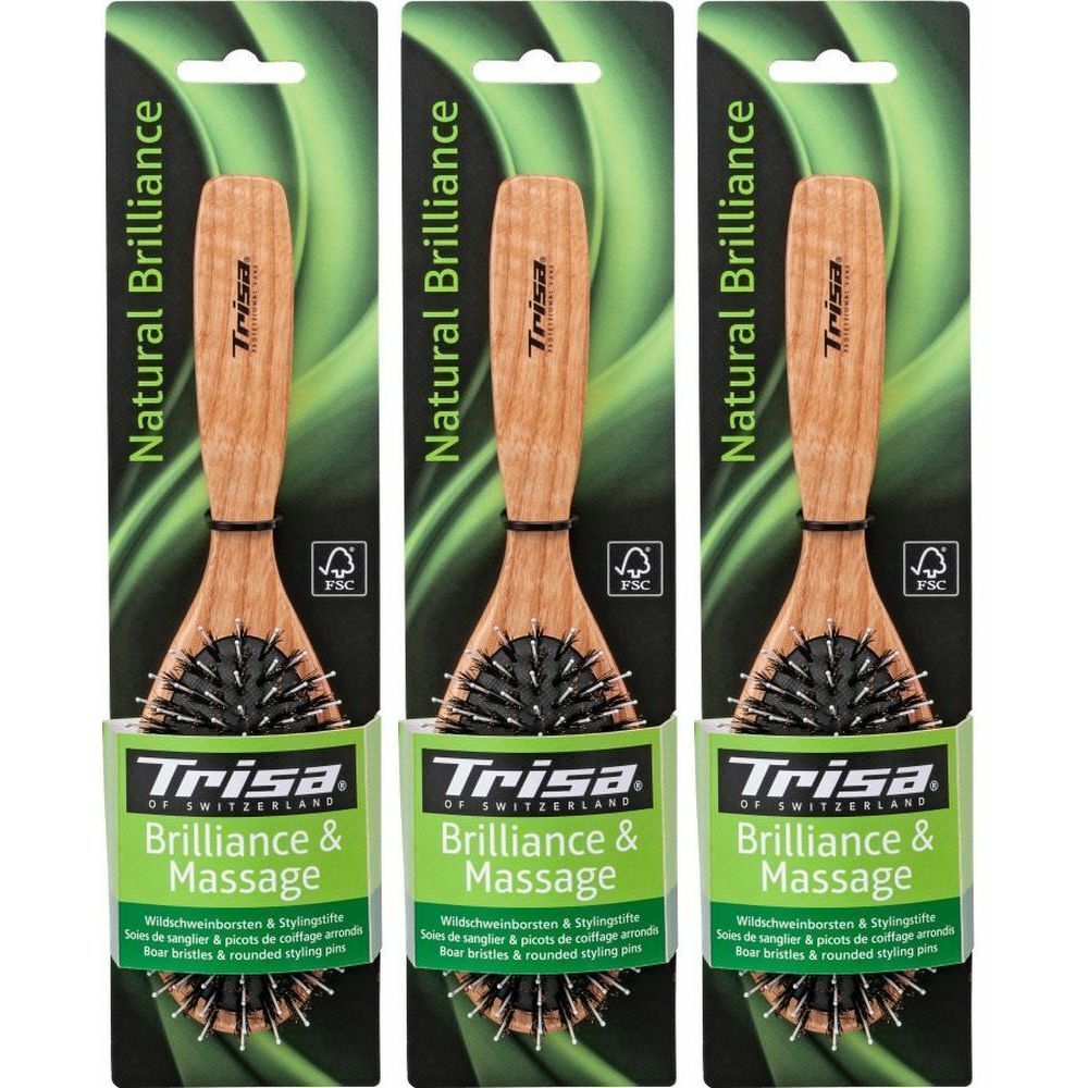 Drei Haarbürsten in Verpackung. Holzgriff, schwarze Borsten, FSC-Siegel. Aufschrift: Trisa, Brilliance & Massage.
