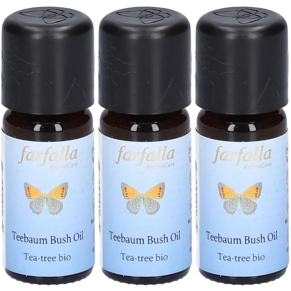 Drei kleine braune Glasflaschen mit schwarzen Deckeln. Auf den Etiketten steht "farfalla", "Teebaum Bush Oil" und "Tea-tree bio".