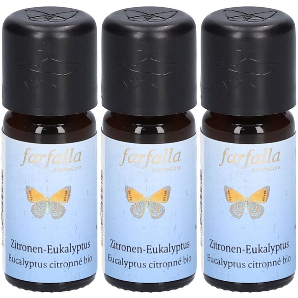 Drei kleine Flaschen mit schwarzem Deckel. Auf den Etiketten steht "farfalla" und "Zitronen-Eukalyptus".