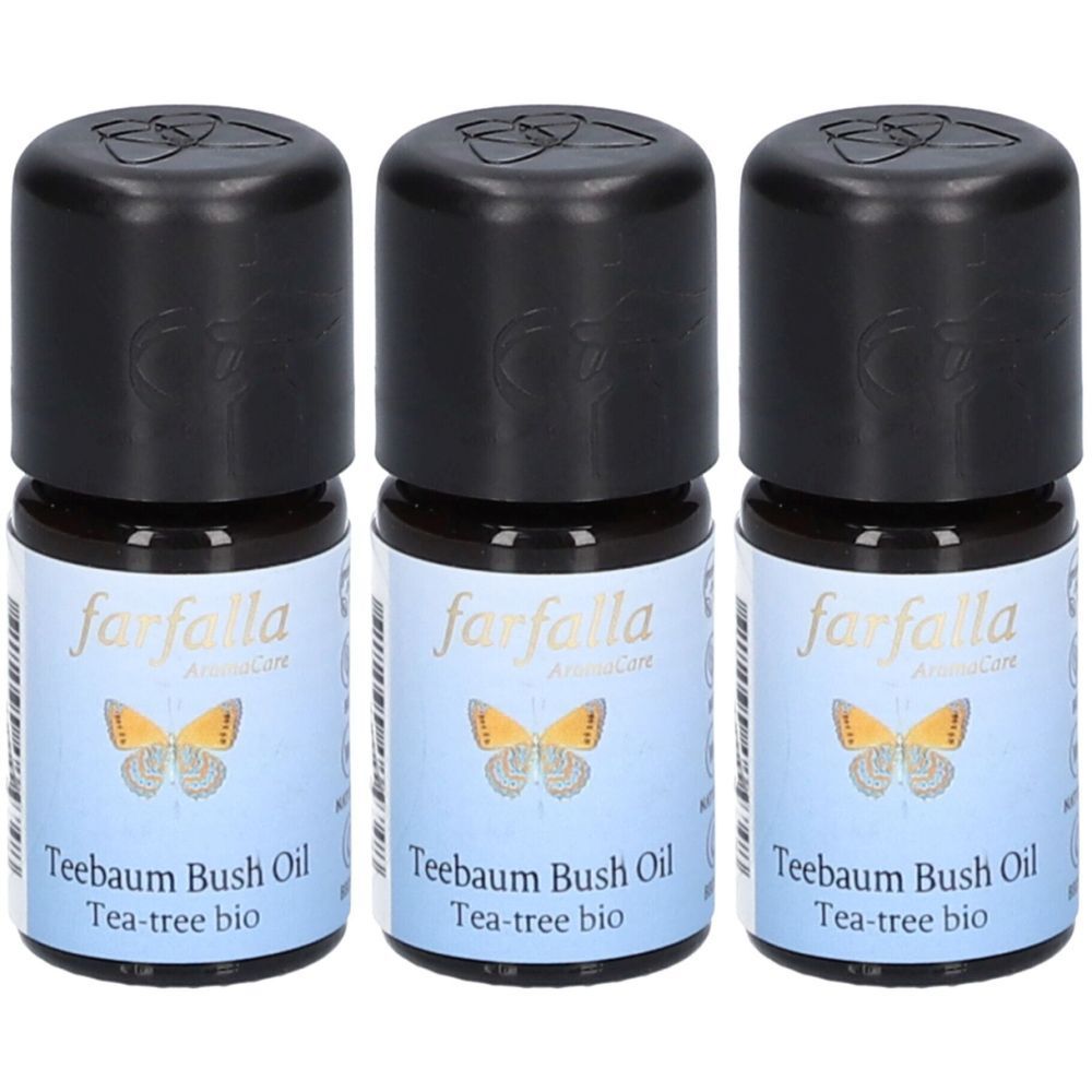 Drei kleine Flaschen mit schwarzem Deckel. Auf den Etiketten steht "farfalla" und "Teebaum Bush Oil".