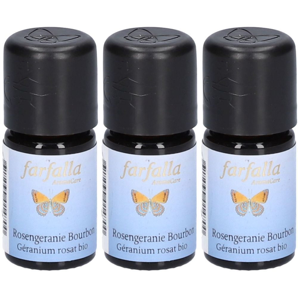 Drei kleine Glasflaschen mit schwarzem Deckel. Auf den Etiketten steht "farfalla" und "Rosengeranie Bourbon".