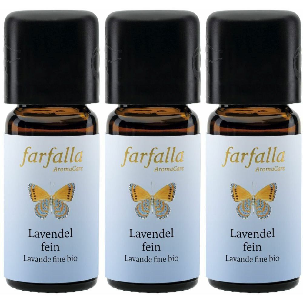 Drei kleine braune Glasflaschen mit schwarzen Deckeln. Auf den Etiketten steht "farfalla AromaCare Lavendel fein".
