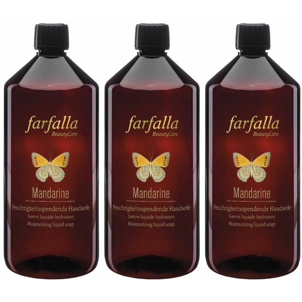 Drie flessen vloeibare zeep. Opschrift: farfalla, Mandarine. Met zwarte dop en bruine vloeistof.