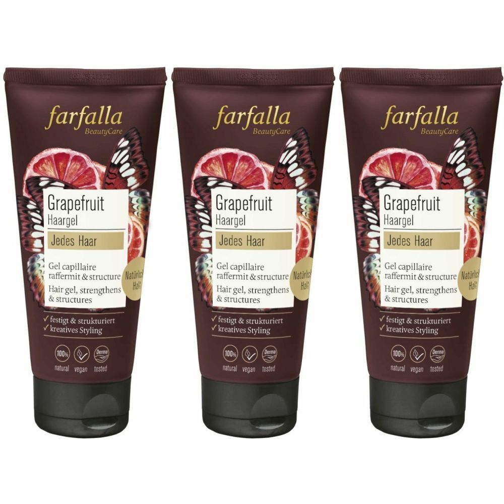 Drei Tuben Haargel. Auf jeder Tube steht "farfalla BeautyCare Grapefruit Haargel". Das Produkt ist für jedes Haar geeignet.