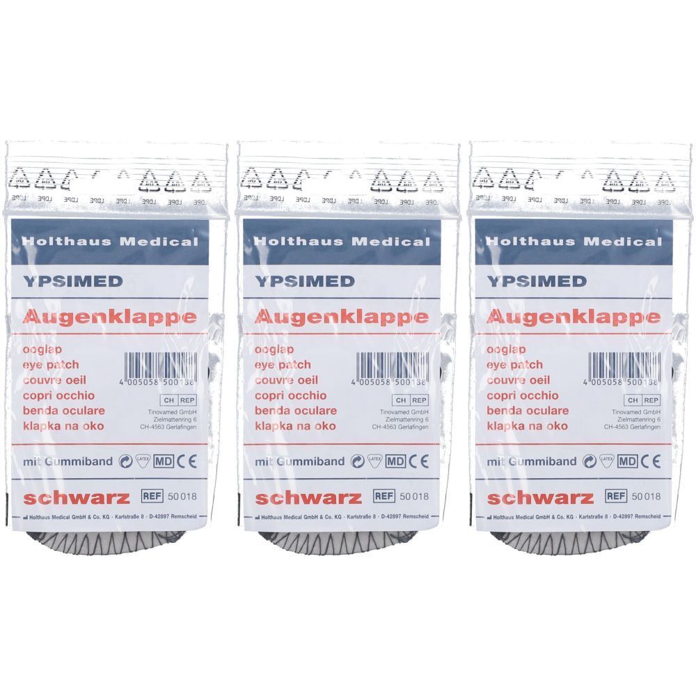 Drei verpackte Augenklappen. Auf der Verpackung steht "YPSIMED Augenklappe" und "schwarz".