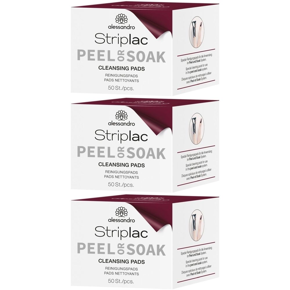 Drei Kartons ALESSAN Striplac Reinigungspads. Aufschrift: Striplac PEEL & SOAK, Reinigungspads, 50 Stk.