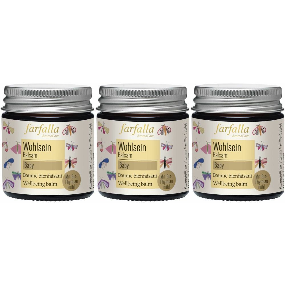 Drei Gläser Balsam mit silbernen Deckeln. Aufschrift: farfalla Wohlsein Balsam Baby. Etikett mit Schmetterlingsmotiven.