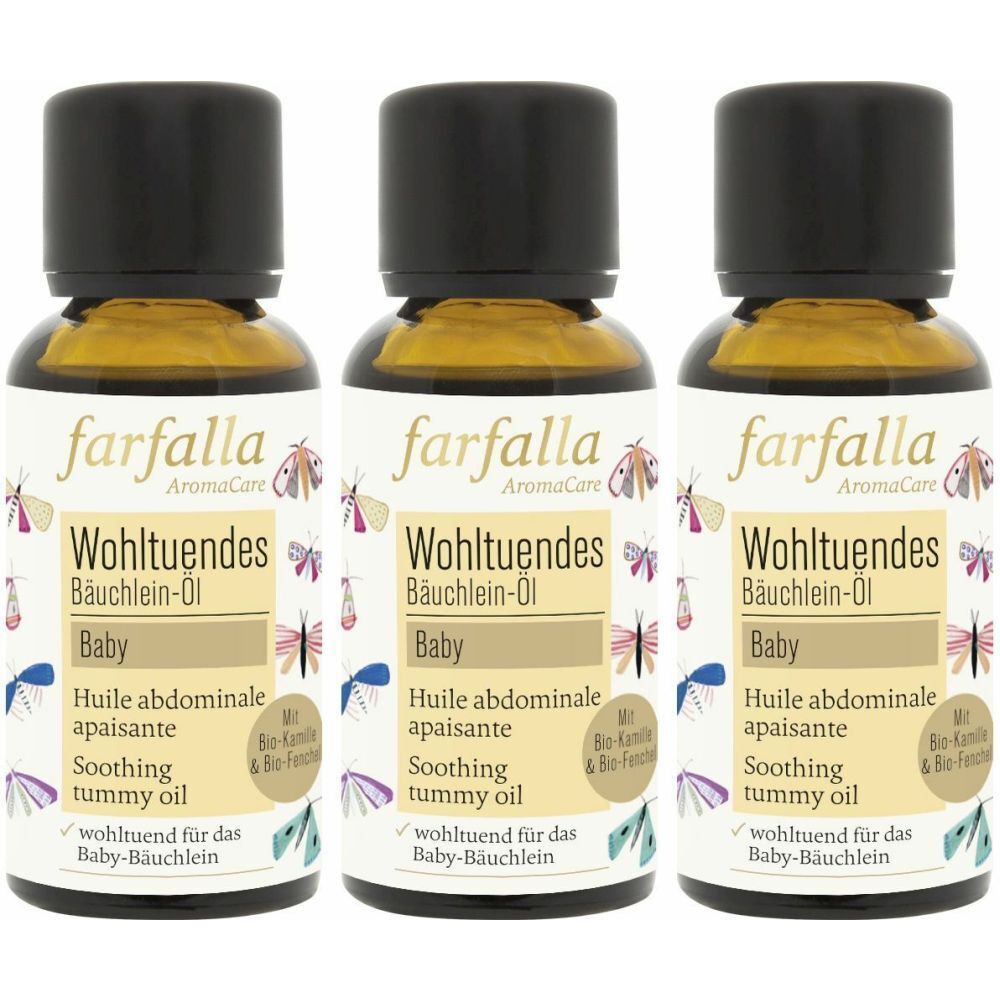 Drie flesjes olie met zwarte dop. Opschrift: farfalla AromaCare, Wohltuendes Bäuchlein-Öl, Baby.