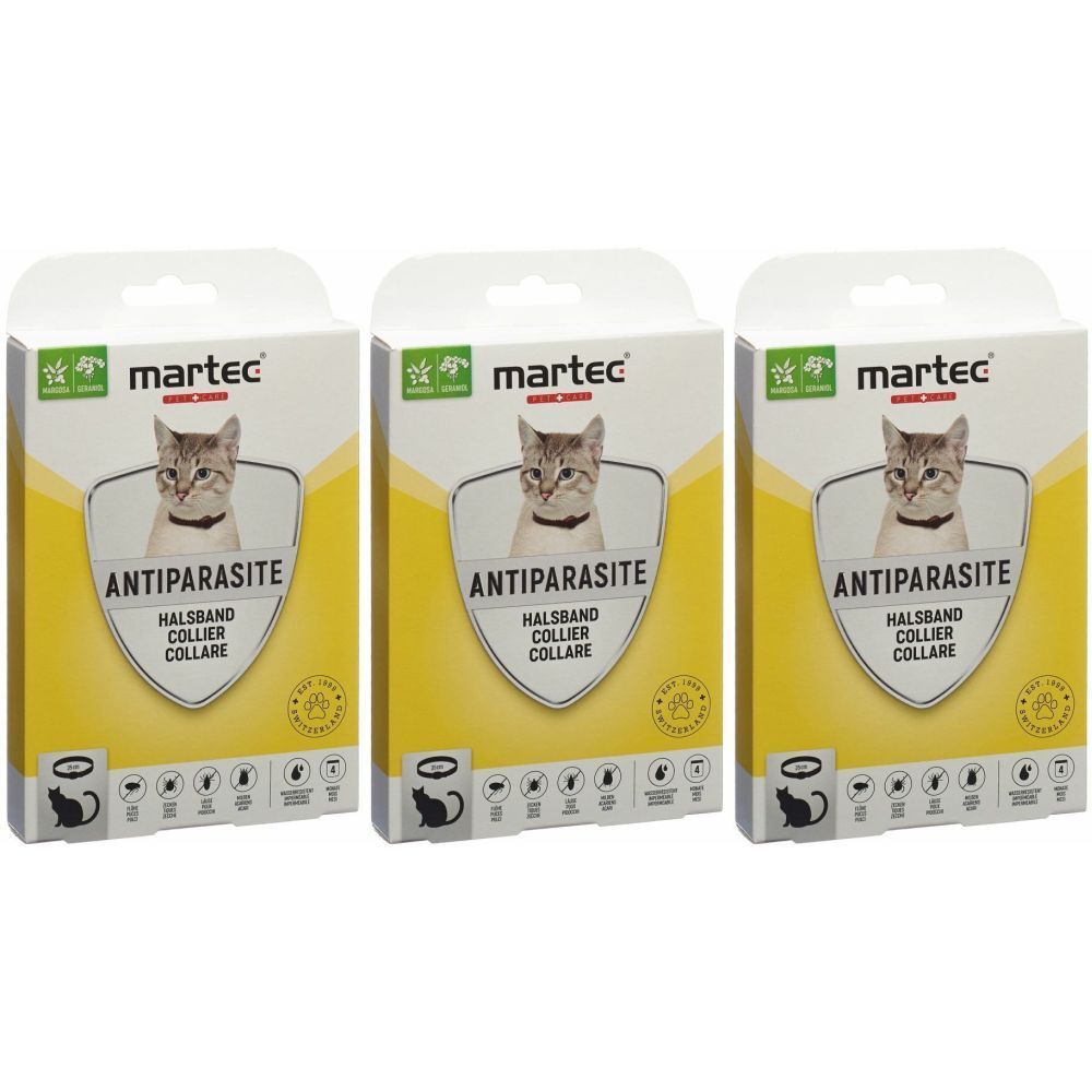 Trois boîtes de collier antiparasitaire martec. Sur fond jaune, un chat avec collier. Inscription : Antiparasite, Halsband, Collier, Collare.