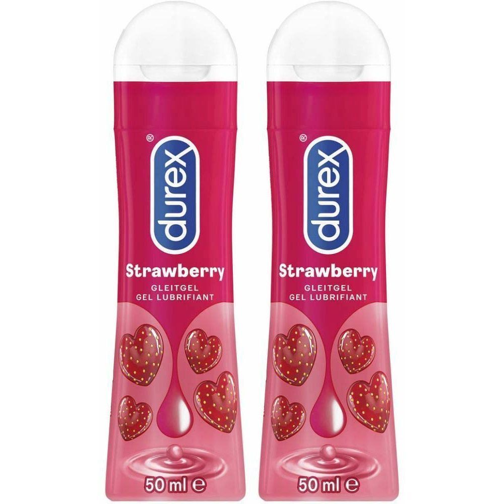Deux flacons de gel lubrifiant Durex Strawberry. Flacons rouges avec bouchons blancs. Inscription: Strawberry, Gleitgel, 50 ml.