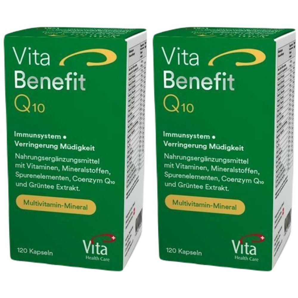 Zwei grüne Schachteln mit "Vita Benefit Q10". Aufschrift: Immunsystem, Verringerung Müdigkeit, Multivitamin-Mineral. 120 Kapseln.