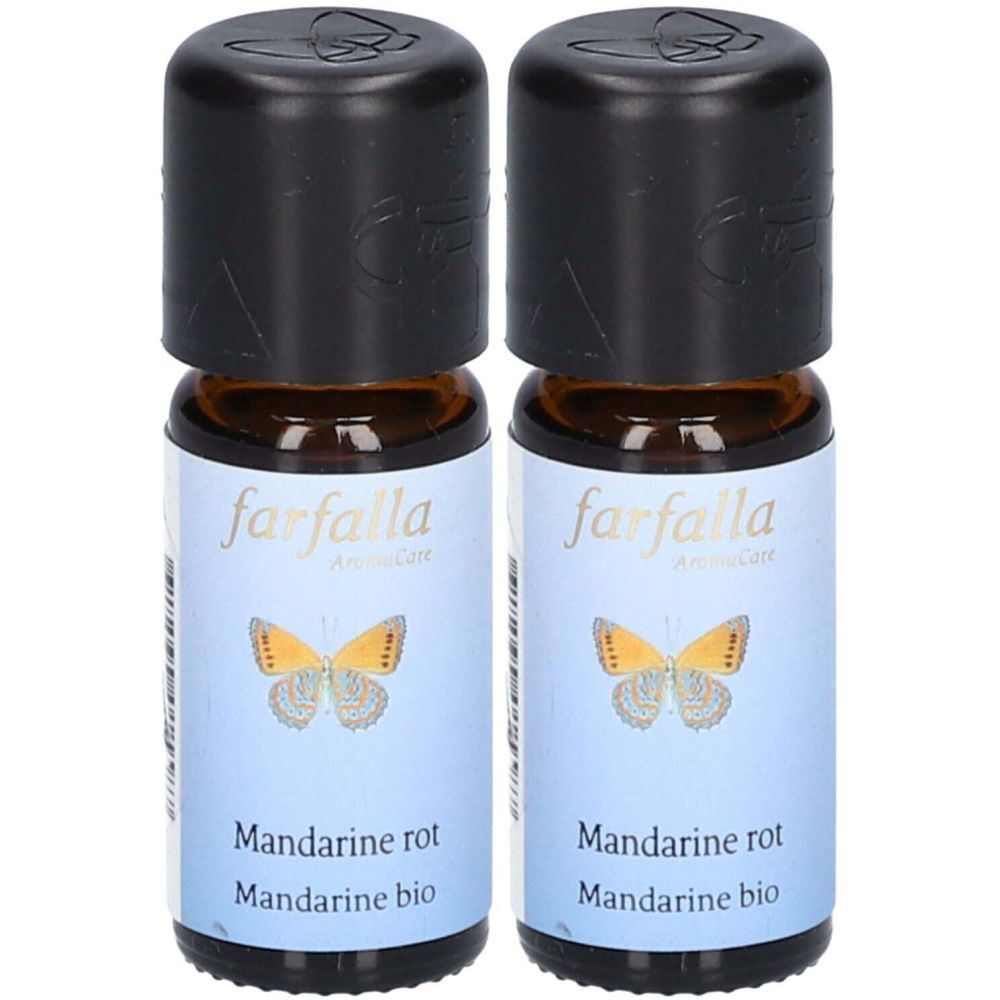 Zwei Flaschen "farfalla" ätherisches Öl Mandarine rot. Braune Glasflaschen mit schwarzen Deckeln und Etiketten mit Schmetterling.