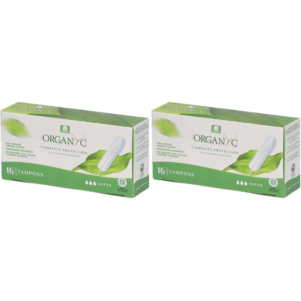 Deux boîtes de tampons. Inscription : ORGANYC, 16 tampons. Emballage vert avec motif de feuille et image de tampon.