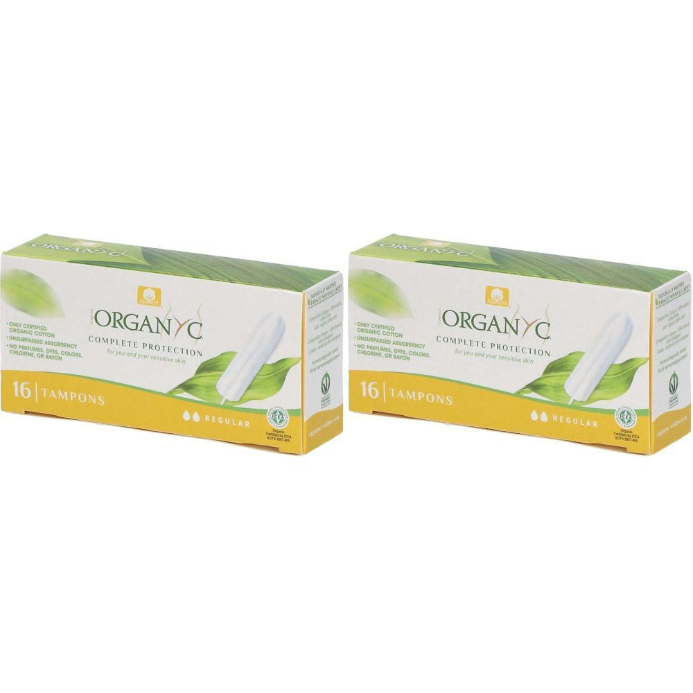 Zwei Schachteln mit Tampons. Aufschrift: ORGANYC, 16 Tampons, Regular. Verpackung mit grünen Blättern und gelbem Hintergrund.