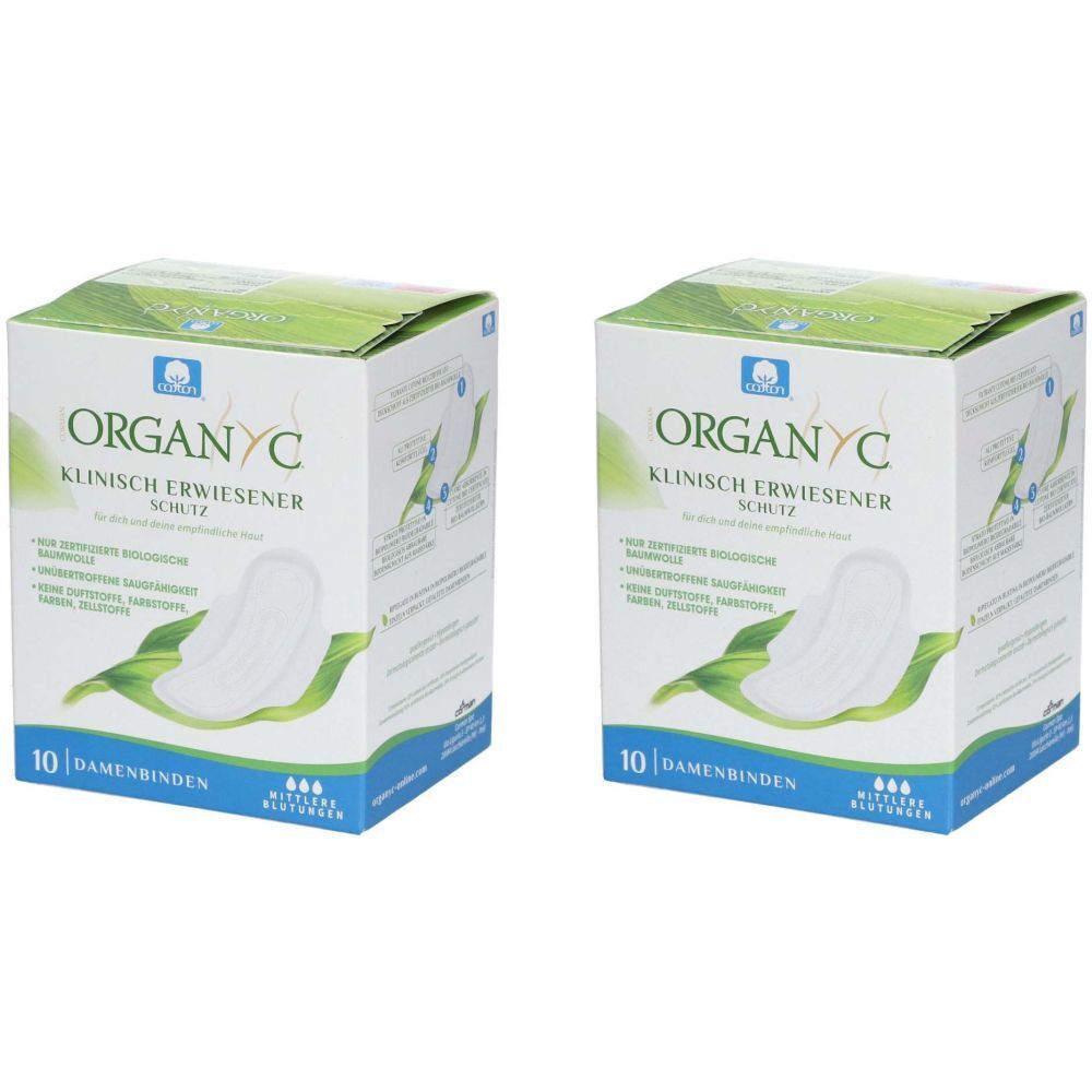 Deux boîtes de serviettes hygiéniques ORGANYC. Inscription : ORGANYC, protection cliniquement prouvée, 10 serviettes. Emballage avec éléments verts et image du produit.