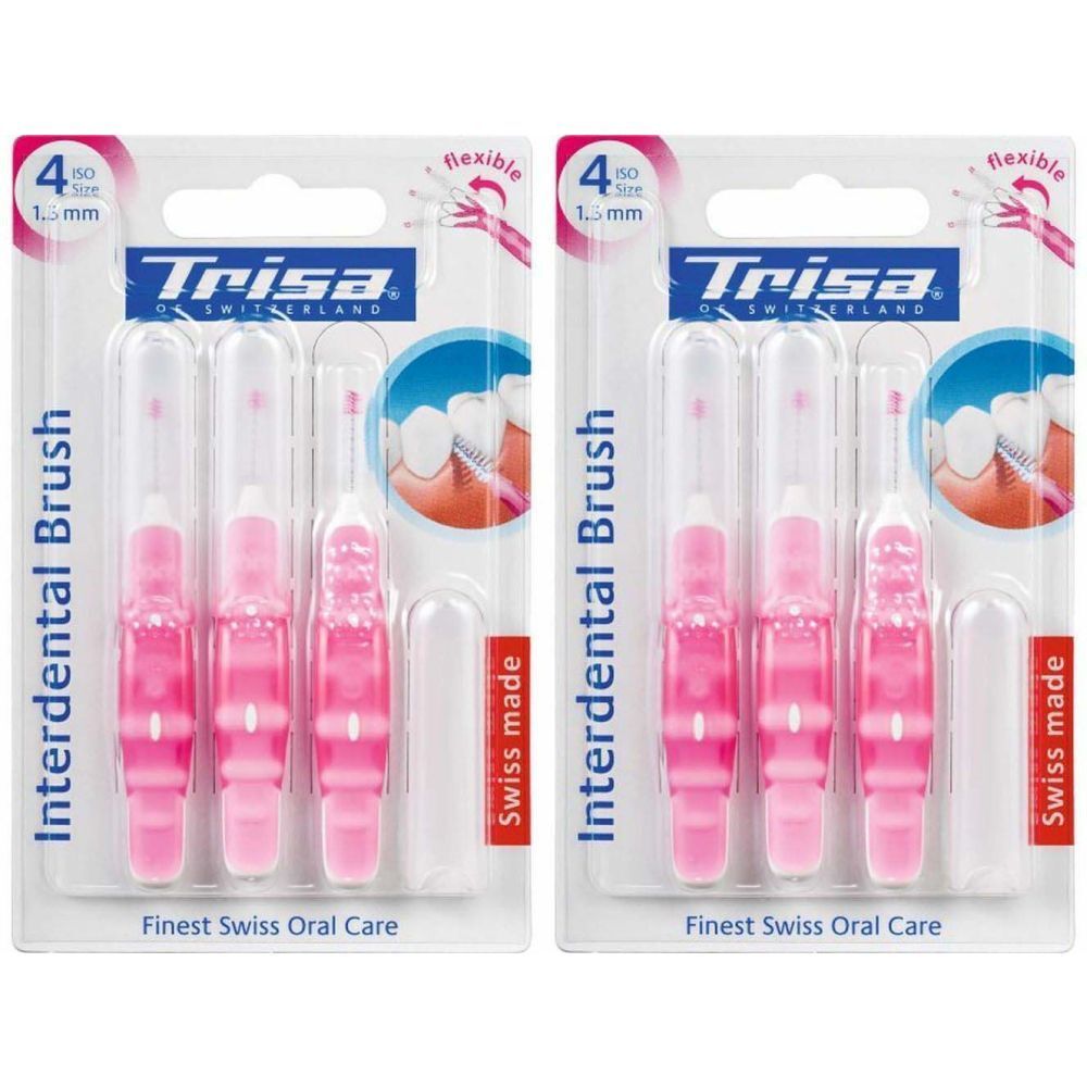 Zwei Packungen Interdentalbürsten. Rosa Bürsten mit weißem Kopf, in Plastikverpackung. Marke Trisa, Swiss Made.