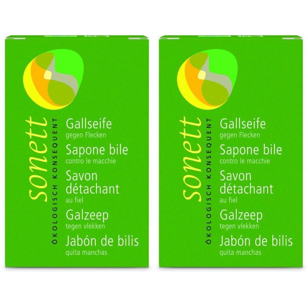 Zwei grüne Verpackungen mit dem Produktnamen "Gallseife" und dem Logo "sonett". Mehrsprachige Produktbezeichnungen.