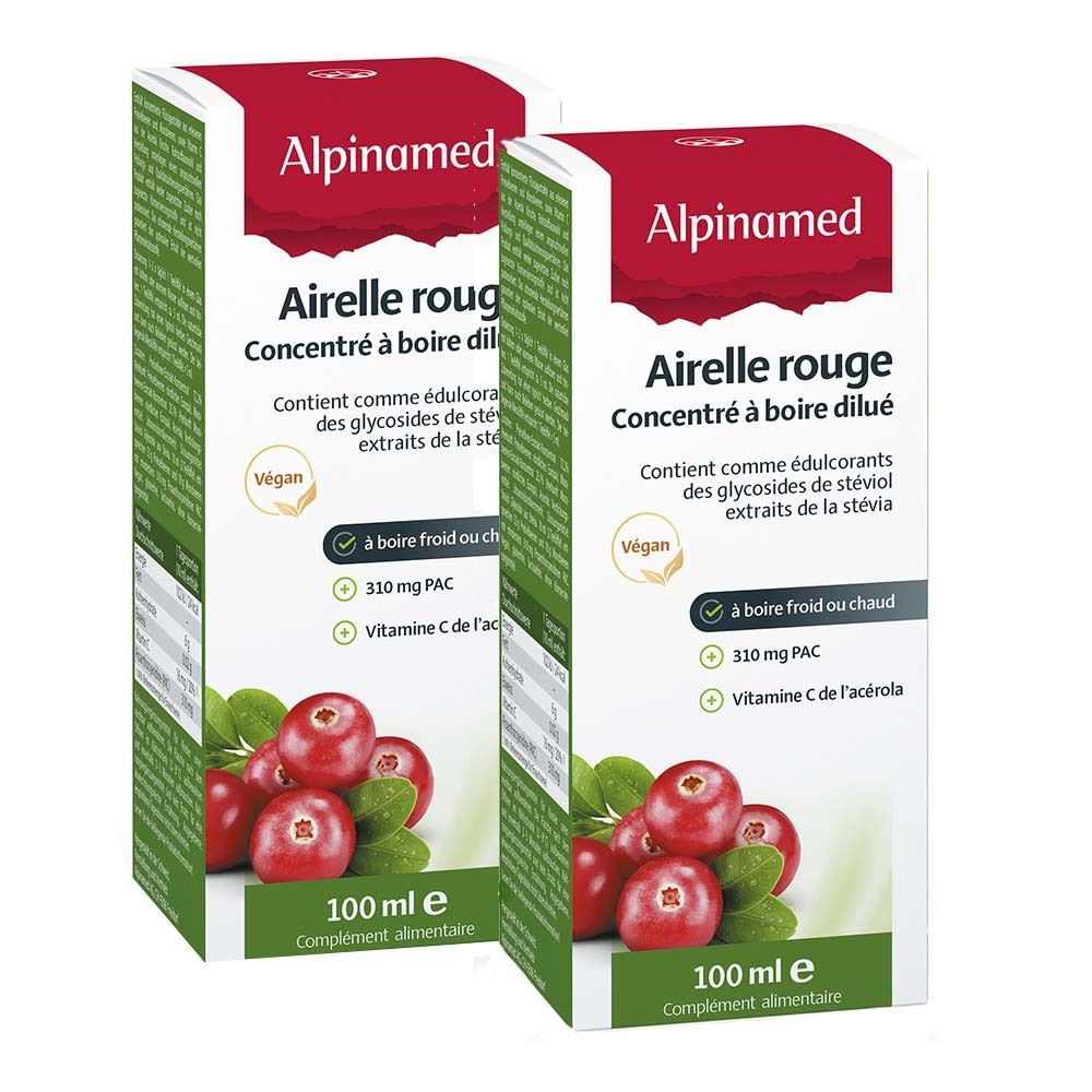 Deux boîtes de concentré à boire ALPINAMED Airelle rouge. Inscriptions : Vegan, 310 mg PAC, Vitamine C, 100 ml.