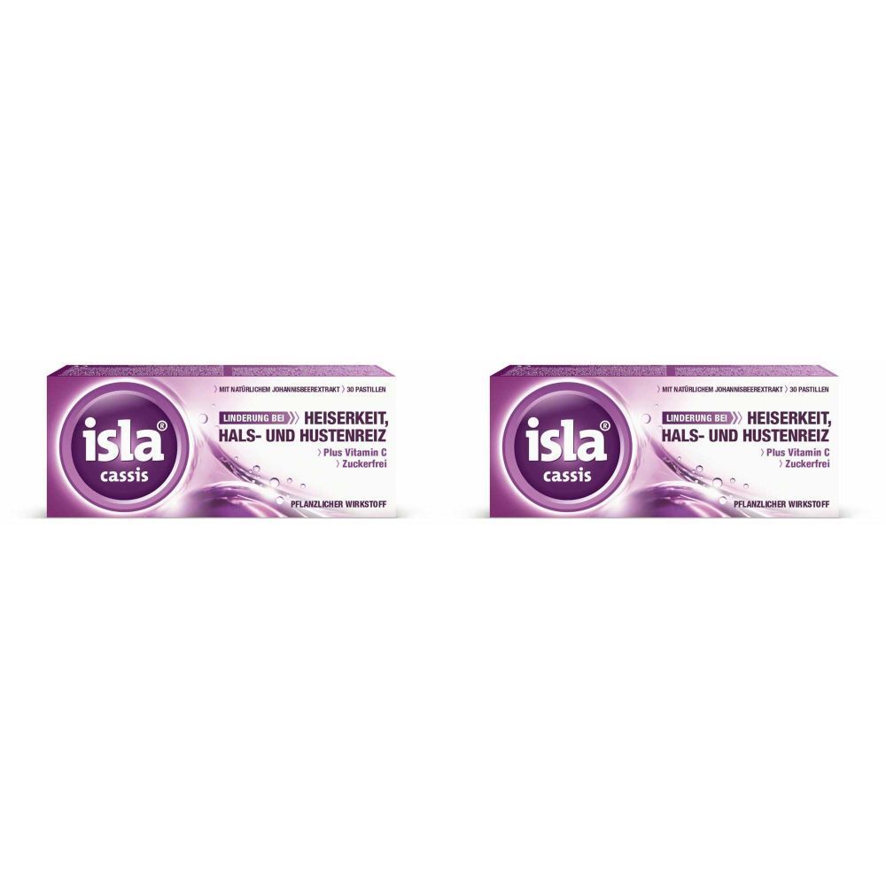 Zwei Packungen ISLA® Cassis-Pastillen. Lila Verpackung mit weißer Schrift. Aufschrift: isla, Cassis, gegen Heiserkeit, Hals- und Hustenreiz.