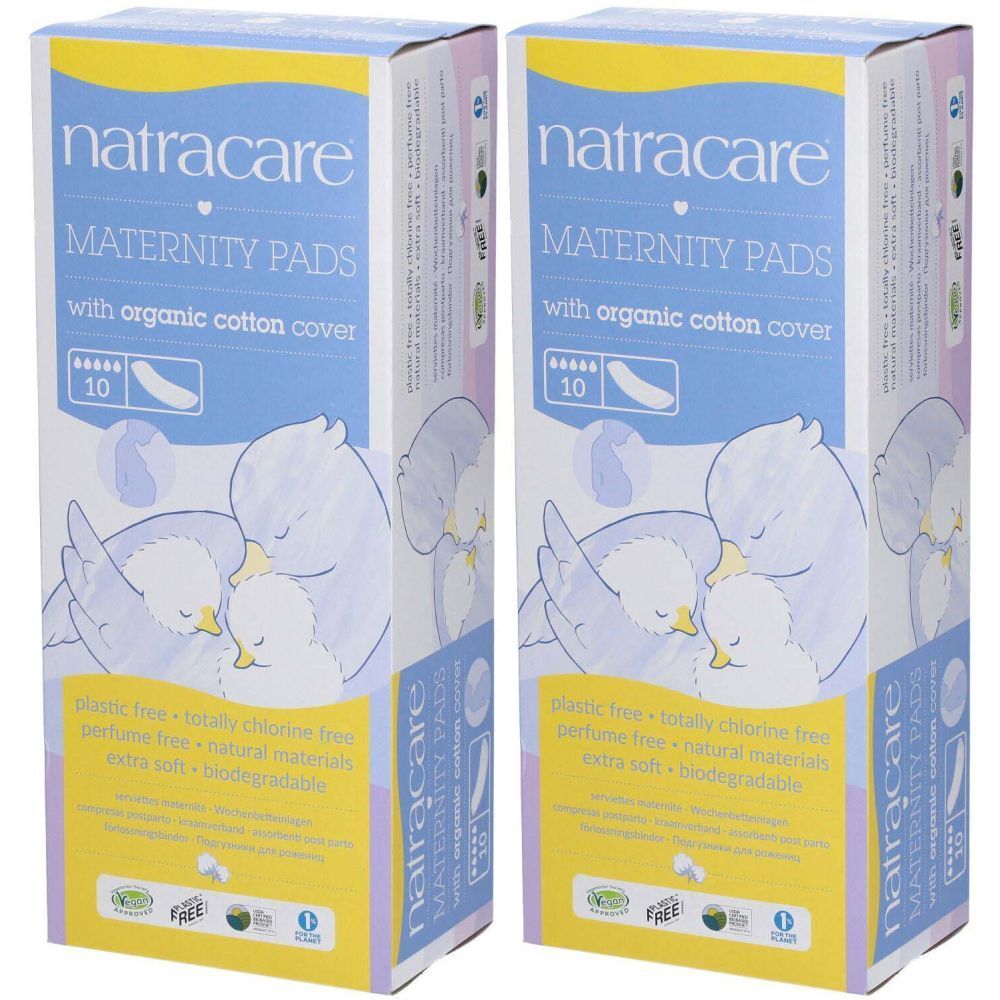 Deux boîtes de serviettes de maternité Natracare. Emballage avec texte: Maternity Pads, avec couverture en coton bio. 10 pièces.