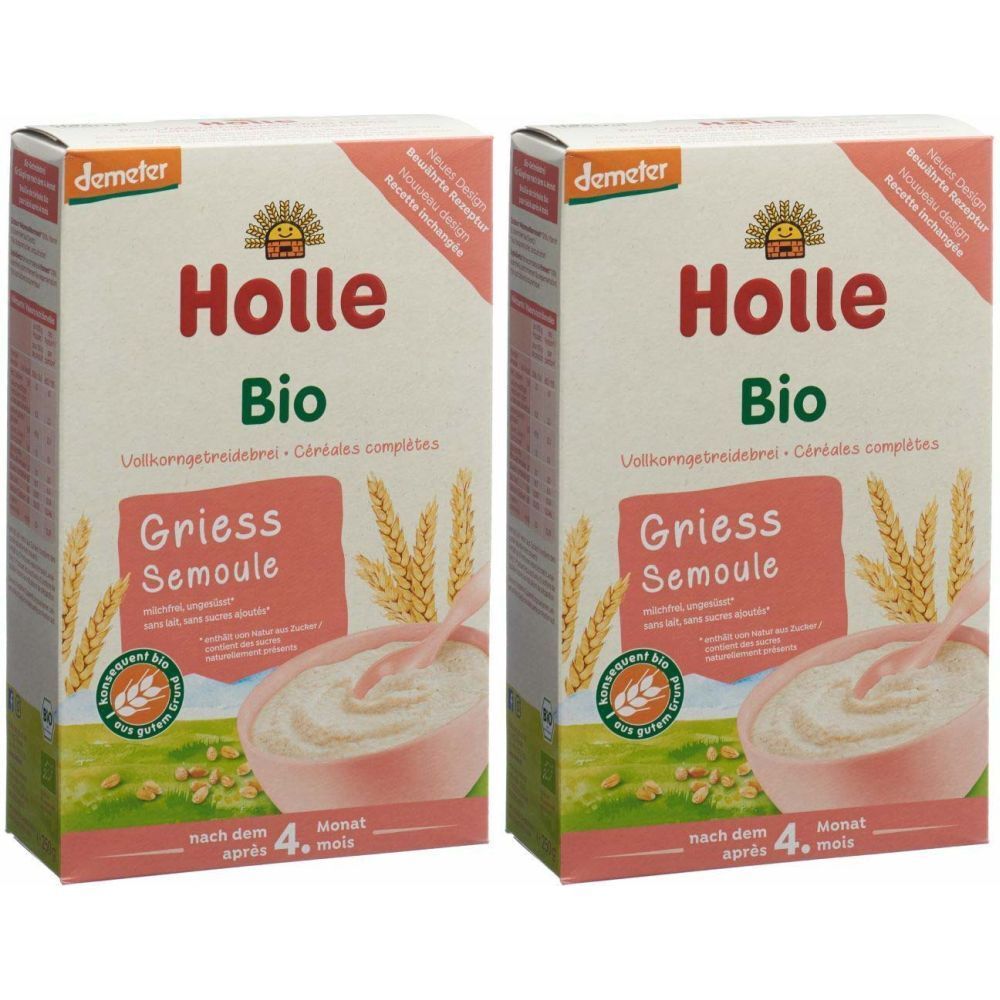 Zwei Kartons Holle Bio-Griessbrei. Aufdrucke: Demeter, Bio, Griess Semoule, nach dem 4. Monat.