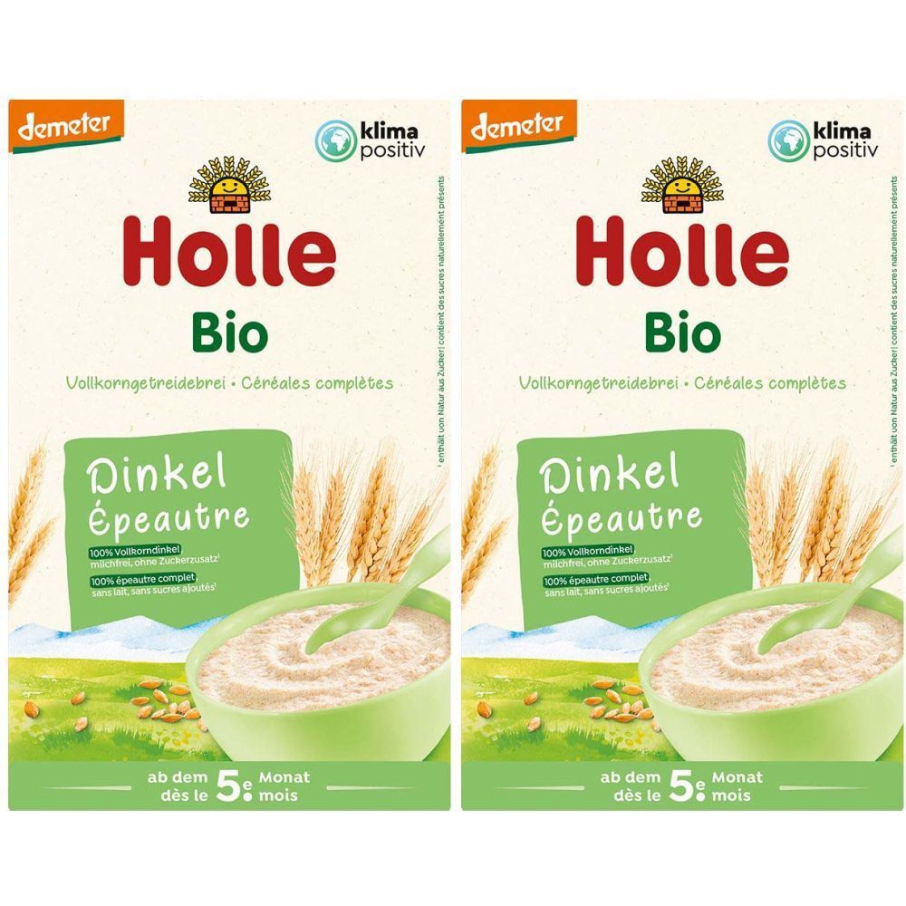 Zwei Packungen Holle Bio Dinkelbrei. Aufdrucke: Demeter, Bio, Klima positiv. Ab dem 5. Monat.