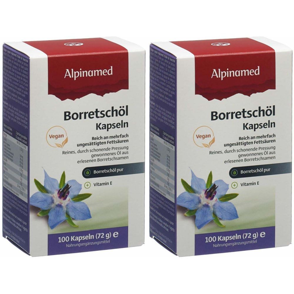 Zwei Schachteln ALPINAMED Borretschöl Kapseln. Weiße Verpackung mit rotem Deckel. Vegan-Siegel. Blaue Blume abgebildet.