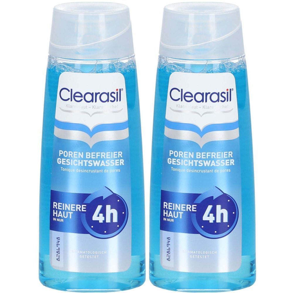 Deux flacons de lotion pour le visage Clearasil. Liquide bleu dans des flacons transparents avec des bouchons blancs. Inscription : Poren Befreier Gesichtswasser.