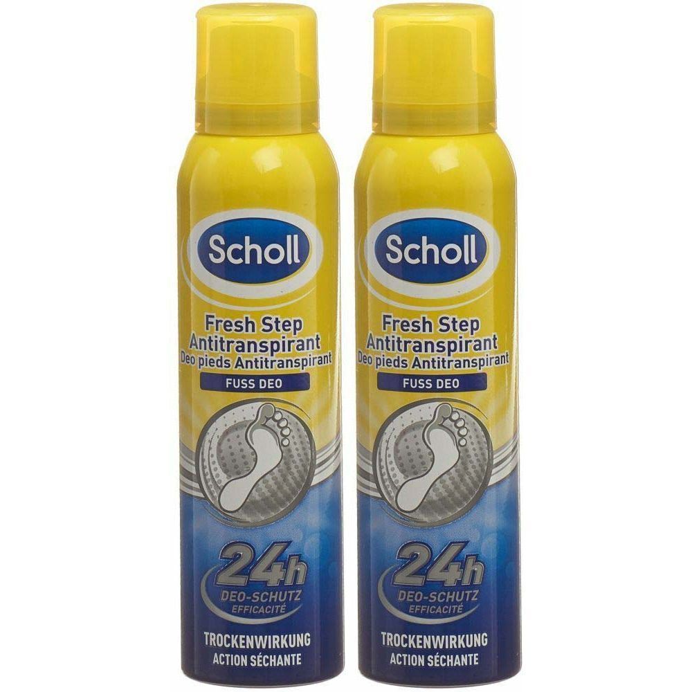 Zwei gelbe Sprays mit der Aufschrift Scholl Fresh Step Antitranspirant. Fuss Deo. 24h Deo-Schutz. Trockenwirkung.