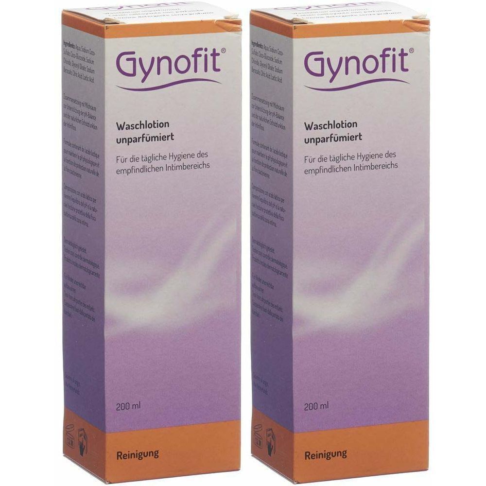 Zwei Packungen Gynofit Waschlotion. Aufschrift: unparfümiert, für die tägliche Hygiene des empfindlichen Intimbereichs. 200 ml.