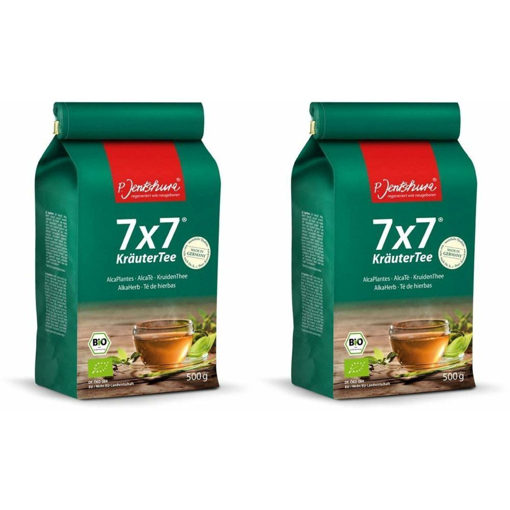 Deux paquets verts avec un accent rouge. Inscription : 7x7 Kräutertee bio. Label bio. Image d'une tasse de thé.