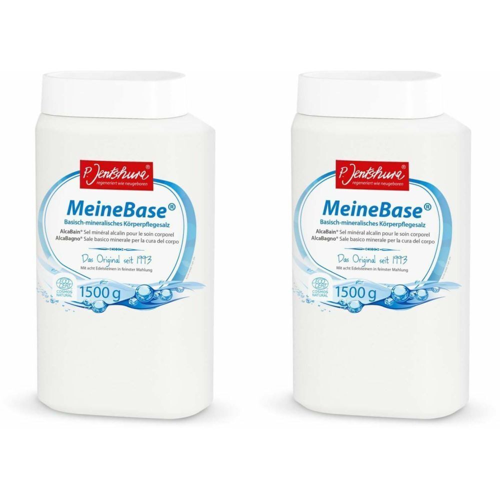 Deux contenants blancs avec couvercles. Inscription: MeineBase, 1500 g. Logo: Jentschura. Texte en allemand, français et italien.
