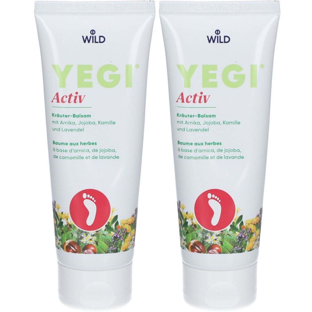 Zwei Tuben YEGI Activ Kräuter-Balsam. Weiße Tuben mit grüner Schrift. Roter Kreis mit Fußsymbol. Text: Amika, Jojoba, Kamille, Lavendel.