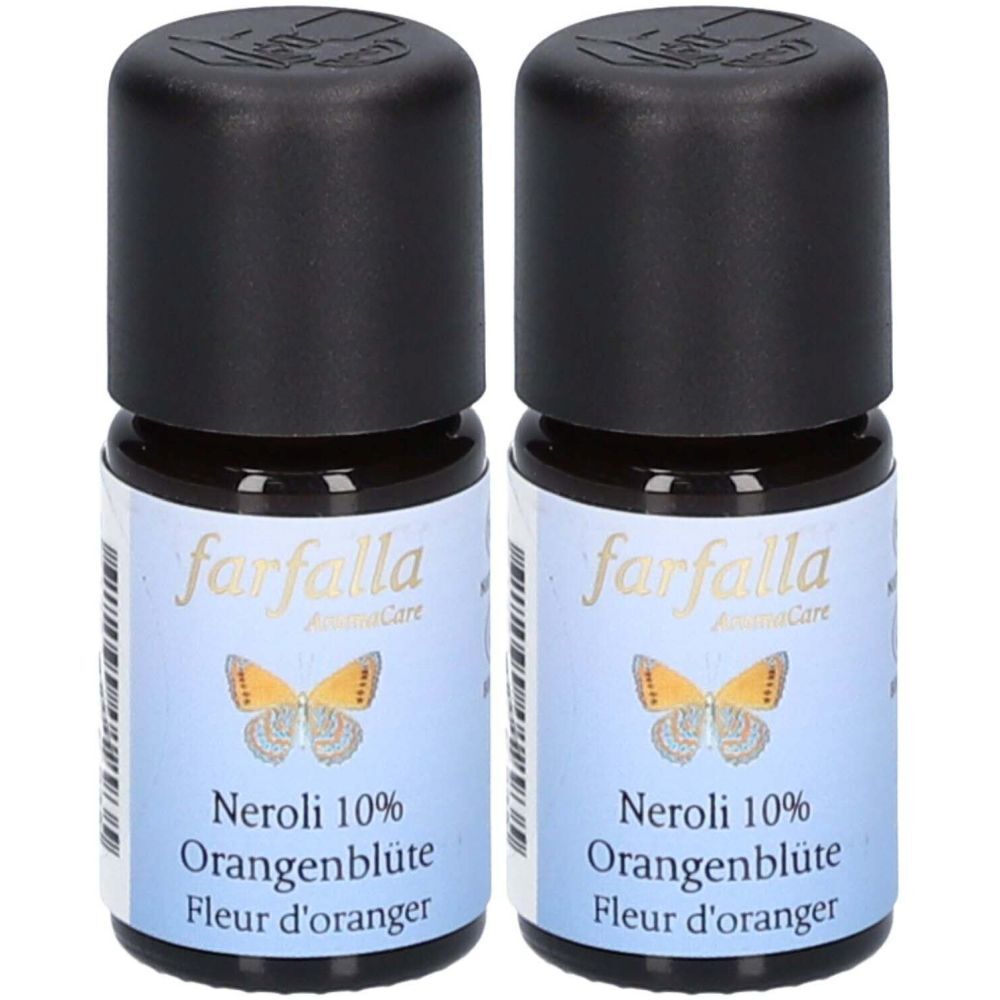 Zwei Flaschen Ätherisches Öl. Auf Etikett: farfalla, Neroli 10%, Orangenblüte, Fleur d'oranger. Schwarze Deckel.