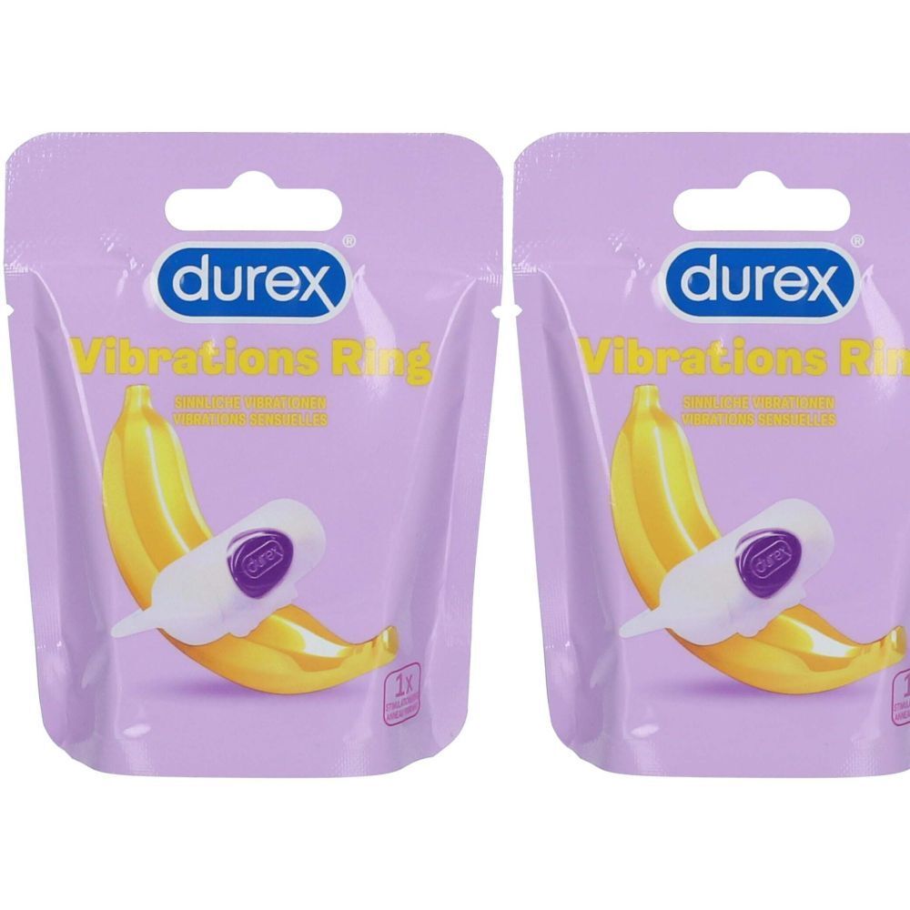 Zwei Packungen mit lila Hintergrund. Auf jeder Packung steht "durex Vibrations Ring". Ein weißes Produkt mit lila Akzenten ist zu sehen.