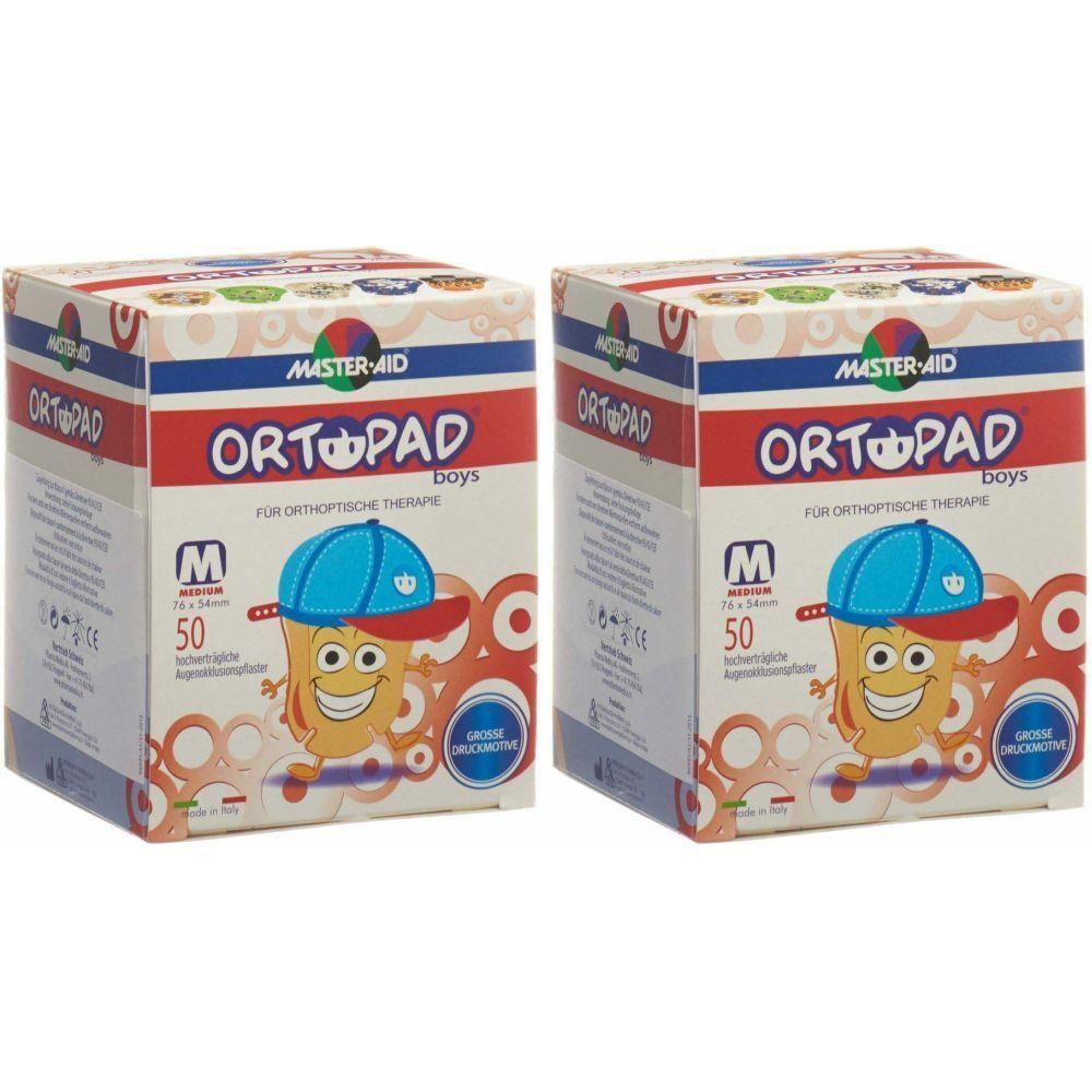 Deux boîtes d'ORTOPAD Boys. Impression : M, 50 pièces, illustration d'un garçon avec une casquette. Marque : MASTER-AID.
