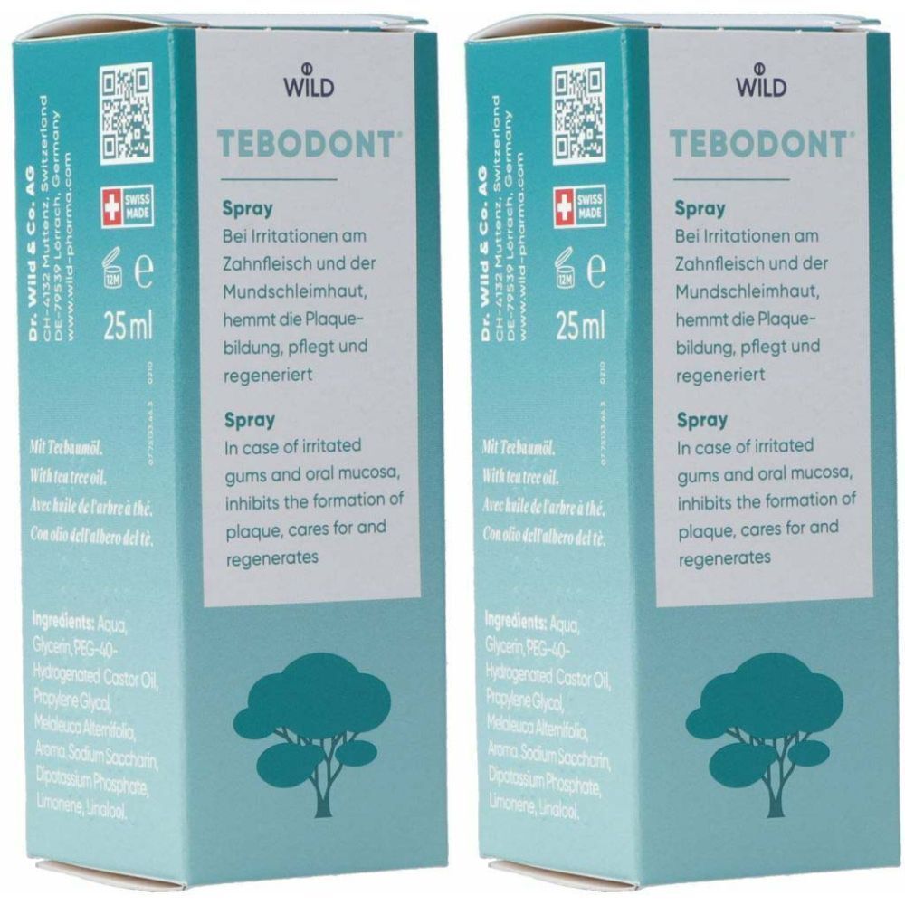 Zwei Schachteln mit TEBODONT Spray. Aufschrift: Bei Irritationen am Zahnfleisch und der Mundschleimhaut. 25 ml.