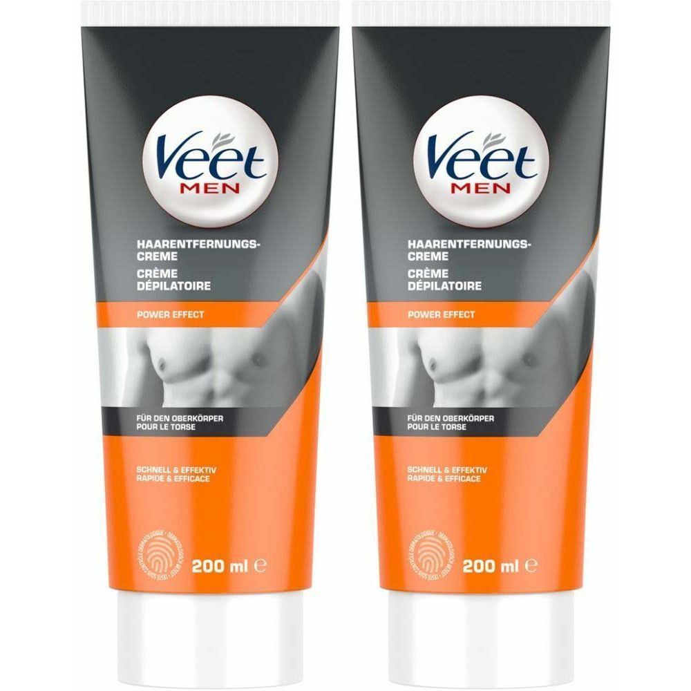 Zwei Tuben Enthaarungscreme. Schwarze und orangefarbene Verpackung. Aufschrift: Veet MEN, Creme, Power Effect.