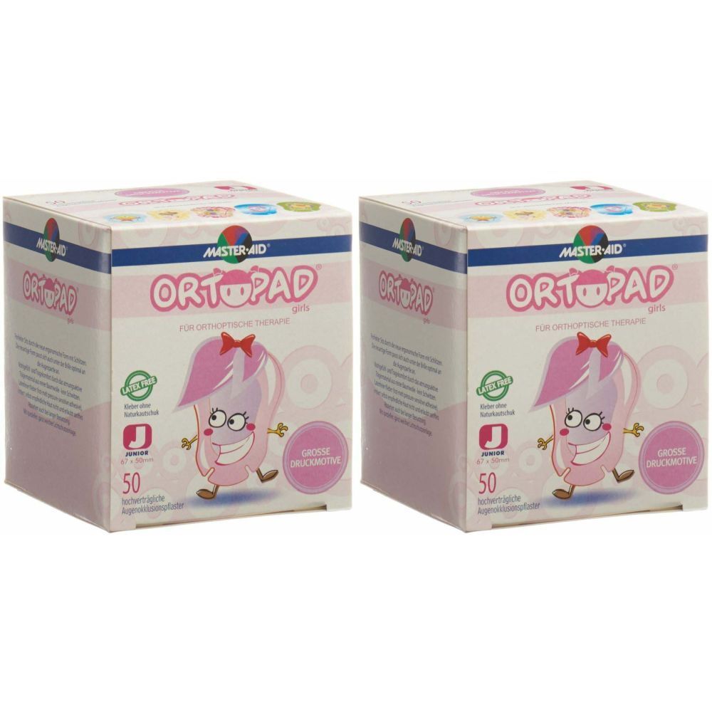 Deux boîtes d'ORTOPAD® Girls. Emballage rose avec motif de dessin animé. 50 pièces. Antibactérien.