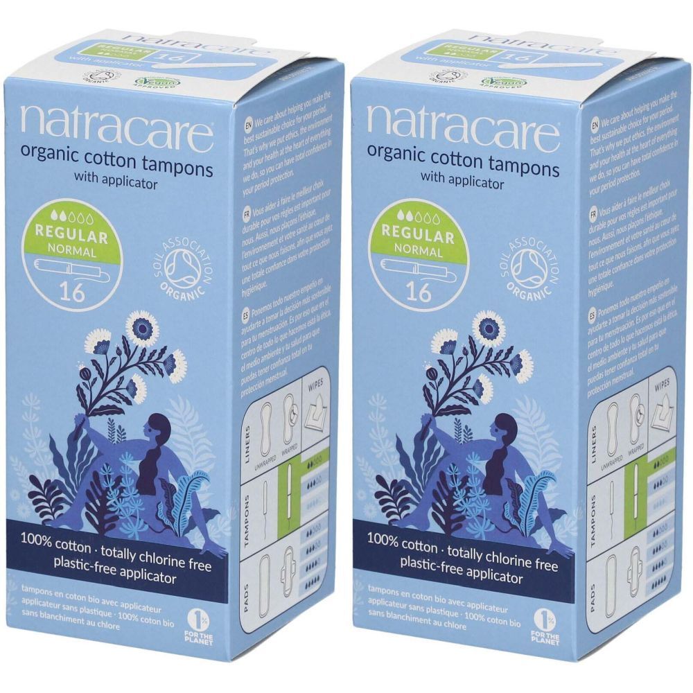 Zwei Schachteln Tampons mit Applikator. Aufschrift: Natracare, organic cotton tampons, Regular, 16 Stück. Baumwolle, chlorfrei.